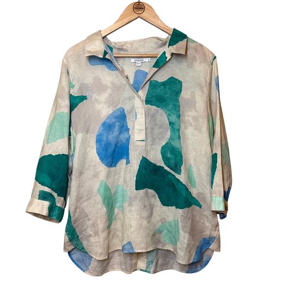 Chico's Tops - Chico's 100% Linen Blouse Watercolor 3/4 Sleeve Popover Cream Women's (2) US 12